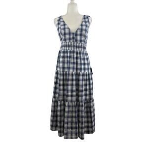 Lulus New Surely Charmed Navy Blue Plaid Tiered Backless Midi Dress Large Preppy